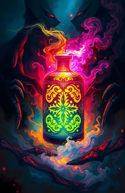 A striking and vibrant artwork depicting a forbidden substance, inspired by the themes of temptation and allure, showcasing a mysterious container surrounded by swirling mist and colorful light