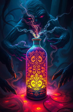 A striking and vibrant artwork depicting a forbidden substance, inspired by the themes of temptation and allure, showcasing a mysterious container surrounded by swirling mist and colorful light