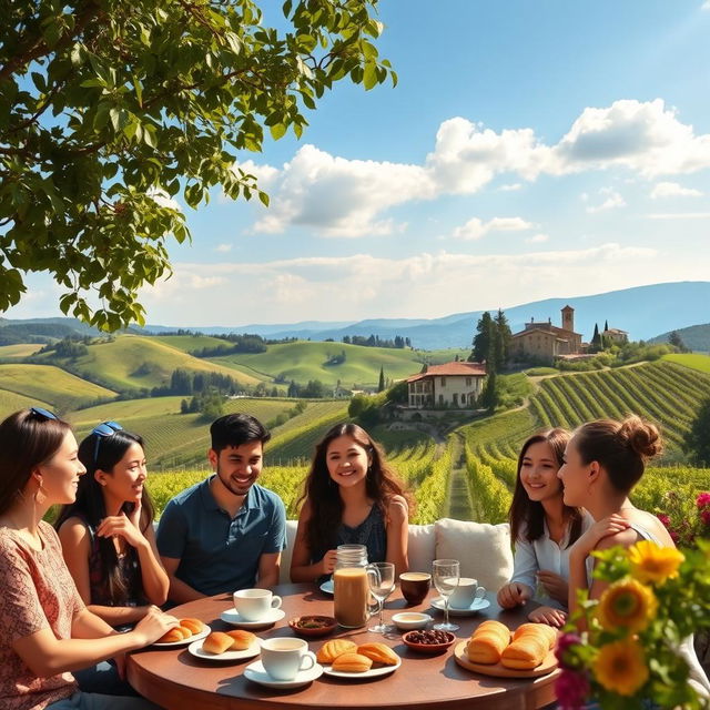 A picturesque scene of a beautiful Italian landscape, showcasing rolling hills with vineyards under a bright blue sky