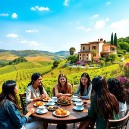 A picturesque scene of a beautiful Italian landscape, showcasing rolling hills with vineyards under a bright blue sky