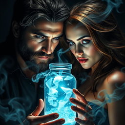 A captivating and dramatic scene featuring a man and a woman surrounded by an alluring, forbidden substance