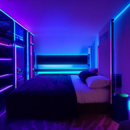 A modern gaming room filled with ambient lighting, featuring a comfortable bed and a PlayStation 5 gaming setup