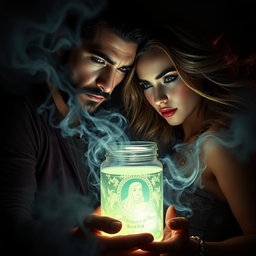 A captivating and dramatic scene featuring a man and a woman surrounded by an alluring, forbidden substance