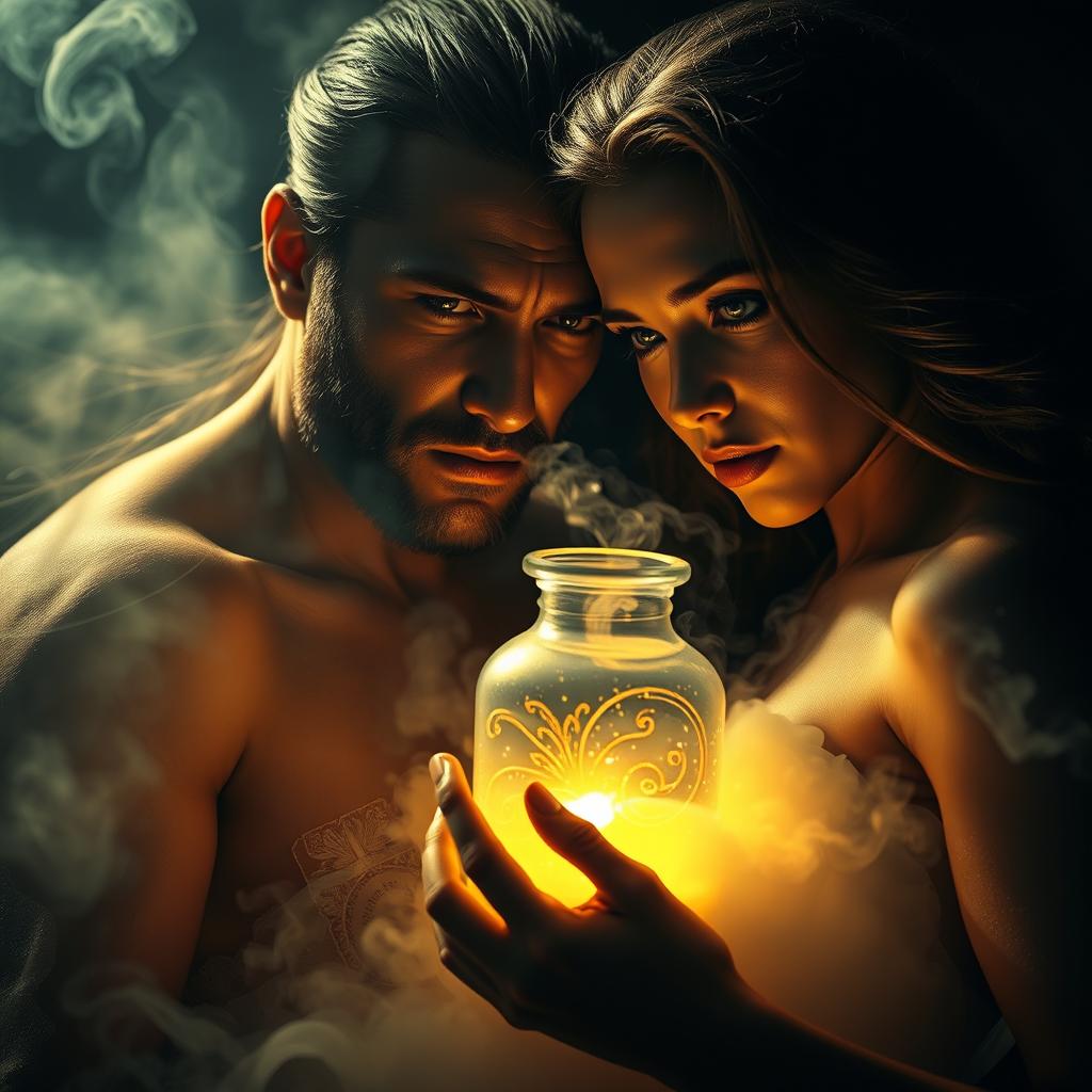 A captivating and dramatic scene featuring a man and a woman surrounded by an alluring, forbidden substance