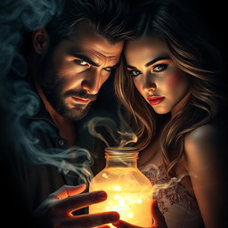 A captivating and dramatic scene featuring a man and a woman surrounded by an alluring, forbidden substance