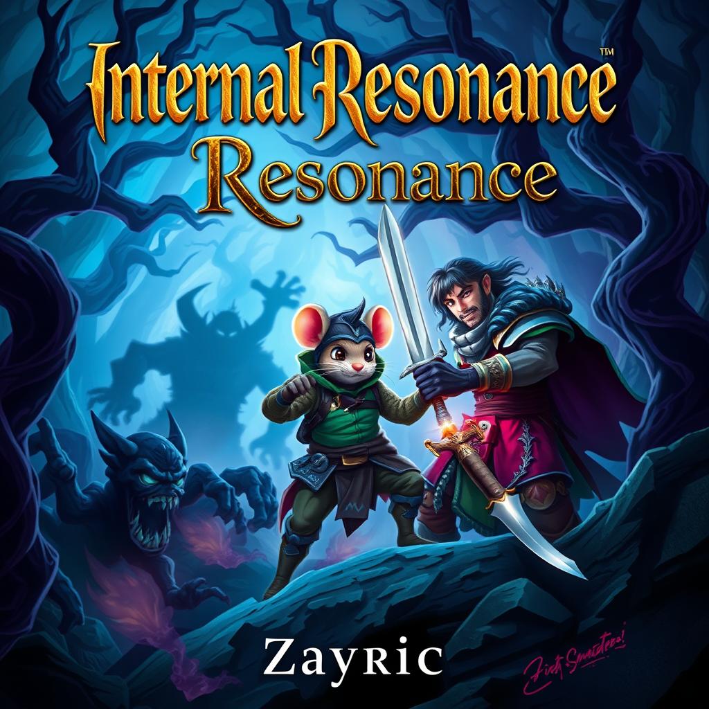 A captivating dark fantasy novel cover featuring an adventurer with rugged armor and a determined expression, wielding a glowing sword alongside his small but brave mouse ally equipped with a tiny helm and a miniature sword