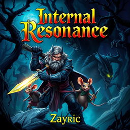 A captivating dark fantasy novel cover featuring an adventurer with rugged armor and a determined expression, wielding a glowing sword alongside his small but brave mouse ally equipped with a tiny helm and a miniature sword
