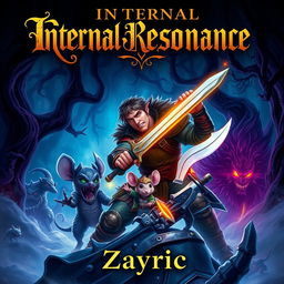 A captivating dark fantasy novel cover featuring an adventurer with rugged armor and a determined expression, wielding a glowing sword alongside his small but brave mouse ally equipped with a tiny helm and a miniature sword