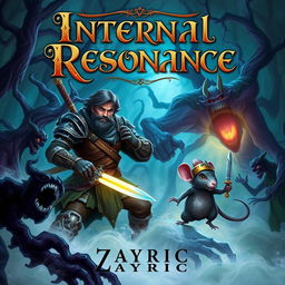 A captivating dark fantasy novel cover featuring an adventurer with rugged armor and a determined expression, wielding a glowing sword alongside his small but brave mouse ally equipped with a tiny helm and a miniature sword