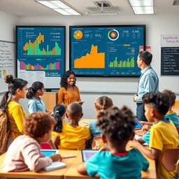 A visually engaging scene depicting teachers and students interacting with AI technology in a classroom