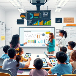A visually engaging scene depicting teachers and students interacting with AI technology in a classroom
