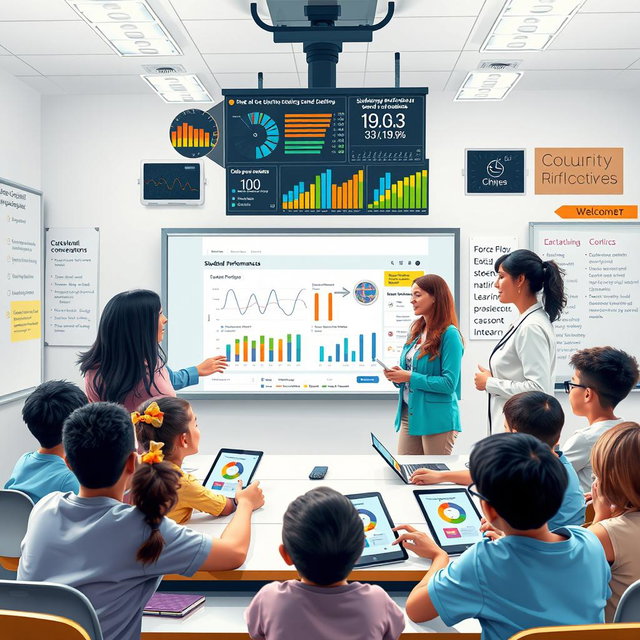 A visually engaging scene depicting teachers and students interacting with AI technology in a classroom