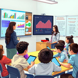 A visually engaging scene depicting teachers and students interacting with AI technology in a classroom