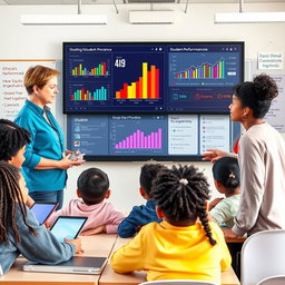 A visually engaging scene depicting teachers and students interacting with AI technology in a classroom
