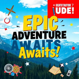 A vibrant and eye-catching YouTube thumbnail design featuring a bold title that reads 'Epic Adventure Awaits!' in large, dynamic typography