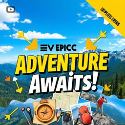 A vibrant and eye-catching YouTube thumbnail design featuring a bold title that reads 'Epic Adventure Awaits!' in large, dynamic typography