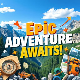 A vibrant and eye-catching YouTube thumbnail design featuring a bold title that reads 'Epic Adventure Awaits!' in large, dynamic typography