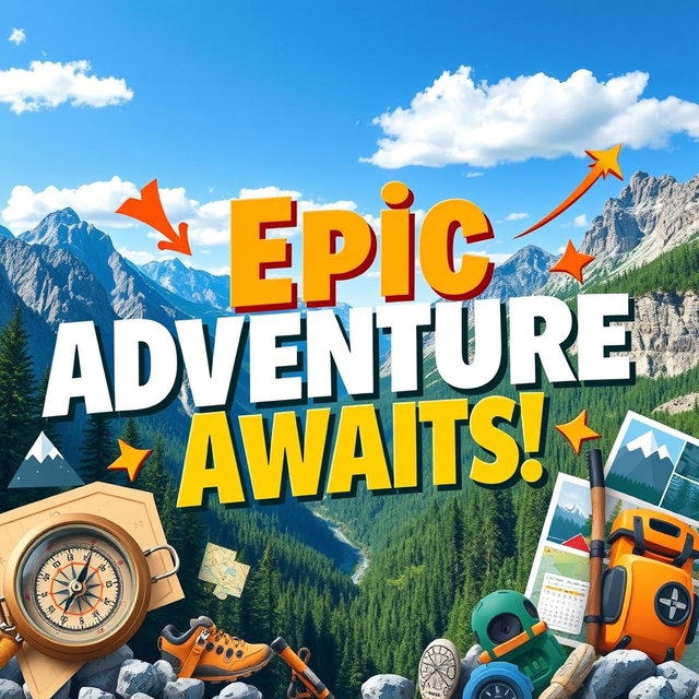 A vibrant and eye-catching YouTube thumbnail design featuring a bold title that reads 'Epic Adventure Awaits!' in large, dynamic typography