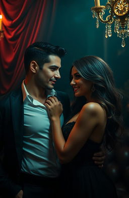 A handsome man and a beautiful woman sharing a moment of forbidden indulgence with an air of mystery