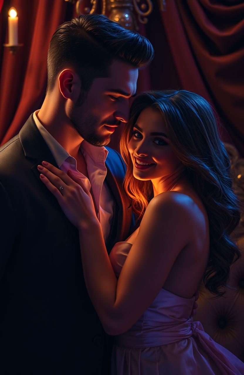 A handsome man and a beautiful woman sharing a moment of forbidden indulgence with an air of mystery