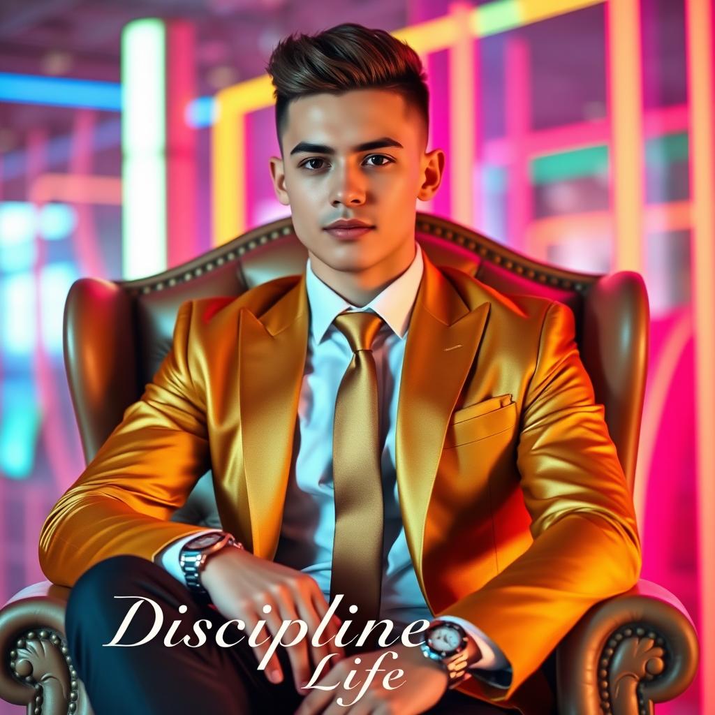 A stylish 20-year-old young man with fair skin and an undercut hairstyle, dressed in a golden colored blazer over a crisp white shirt