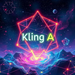 An abstract representation of a futuristic concept called 'Kling A', featuring dynamic geometric patterns, bright neon colors, and interwoven shapes reminiscent of digital networks
