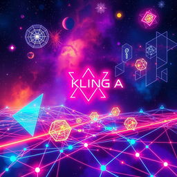 An abstract representation of a futuristic concept called 'Kling A', featuring dynamic geometric patterns, bright neon colors, and interwoven shapes reminiscent of digital networks