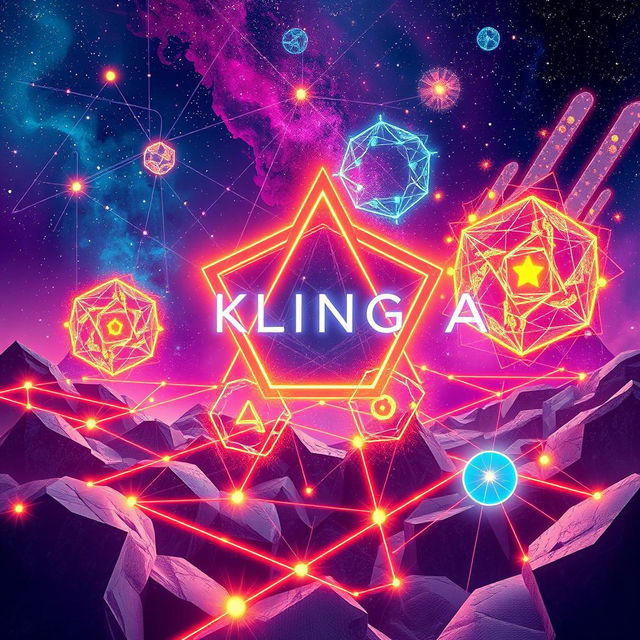 An abstract representation of a futuristic concept called 'Kling A', featuring dynamic geometric patterns, bright neon colors, and interwoven shapes reminiscent of digital networks