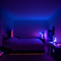 A modern gaming room filled with ambient lighting, featuring a comfortable bed and a PlayStation 5 gaming setup