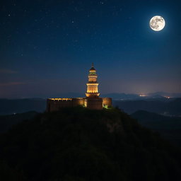 A stunning night scene of a fort perched on a mountain in Maharashtra, with intricately designed minars towered above the surrounding landscape