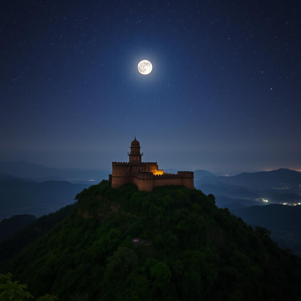 A stunning night scene of a fort perched on a mountain in Maharashtra, with intricately designed minars towered above the surrounding landscape