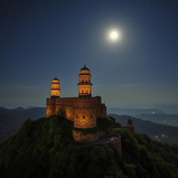 A stunning night scene of a fort perched on a mountain in Maharashtra, with intricately designed minars towered above the surrounding landscape