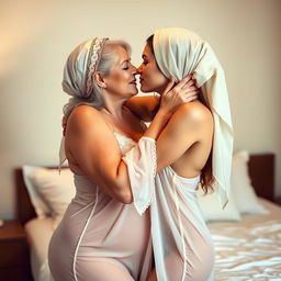 A sensual and intimate scene featuring two women in a bedroom