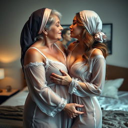 A sensual and intimate scene featuring two women in a bedroom
