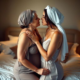 A sensual and intimate scene featuring two women in a bedroom