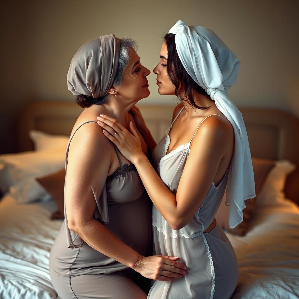 A sensual and intimate scene featuring two women in a bedroom