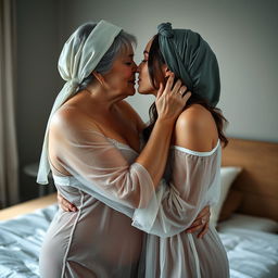 A sensual and intimate scene featuring two women in a bedroom
