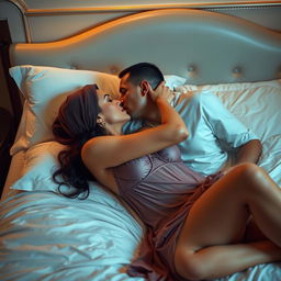 A sensual scene featuring a 45-year-old woman with large breasts, wearing a sexy nightgown and a turban, with fair skin