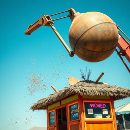 A massive wrecking ball swinging through the air, poised to demolish a colorful kiosk