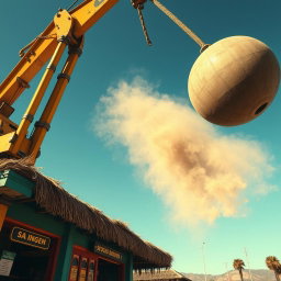 A massive wrecking ball swinging through the air, poised to demolish a colorful kiosk