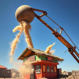 A massive wrecking ball swinging through the air, poised to demolish a colorful kiosk