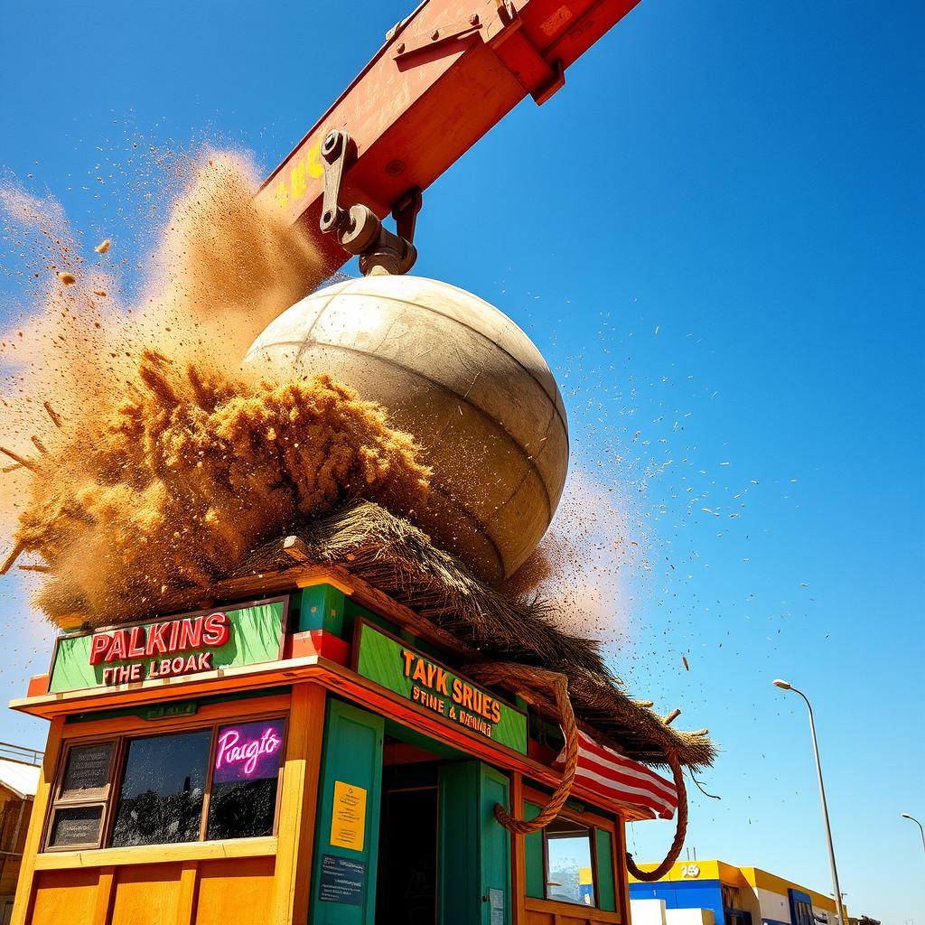 A massive wrecking ball swinging through the air, poised to demolish a colorful kiosk