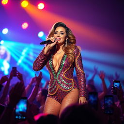 A charismatic and stylish singer performing on stage, wearing a dazzling sequined outfit with vibrant colors, hair styled in glamorous waves, microphone in hand, surrounded by a lively crowd with colorful lights shining around