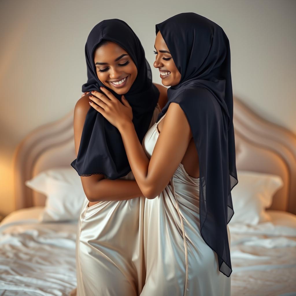 A sensually intimate scene featuring two women in a bedroom setting