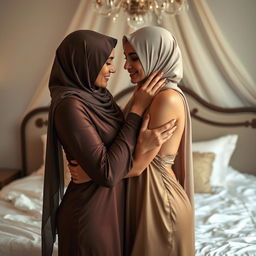 A sensually intimate scene featuring two women in a bedroom setting