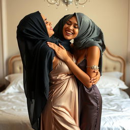 A sensually intimate scene featuring two women in a bedroom setting