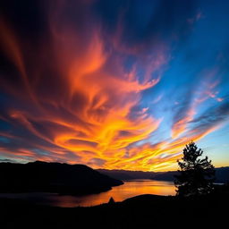A stunning landscape featuring a dramatic sky filled with vibrant colors, including deep oranges, purples and blues, swirling clouds reflecting the light of the sunset