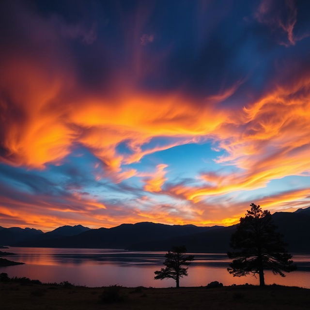A stunning landscape featuring a dramatic sky filled with vibrant colors, including deep oranges, purples and blues, swirling clouds reflecting the light of the sunset