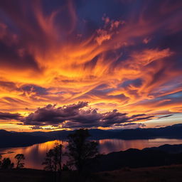 A stunning landscape featuring a dramatic sky filled with vibrant colors, including deep oranges, purples and blues, swirling clouds reflecting the light of the sunset
