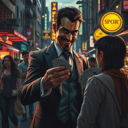 An engaging and dramatic depiction of a con man at work, showcasing his cunning personality and deceitful tactics